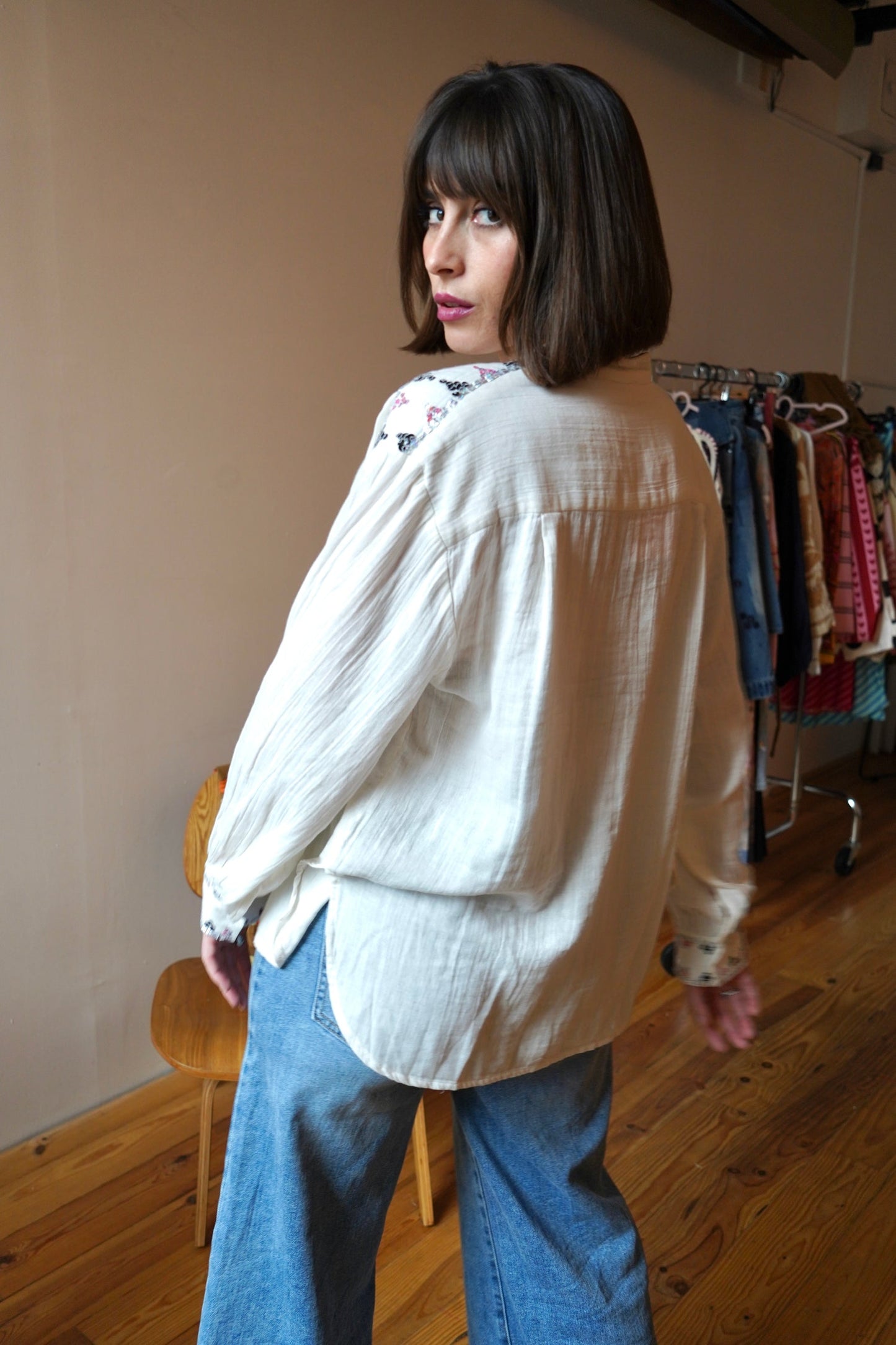 Embroidered White Button-Up Blouse