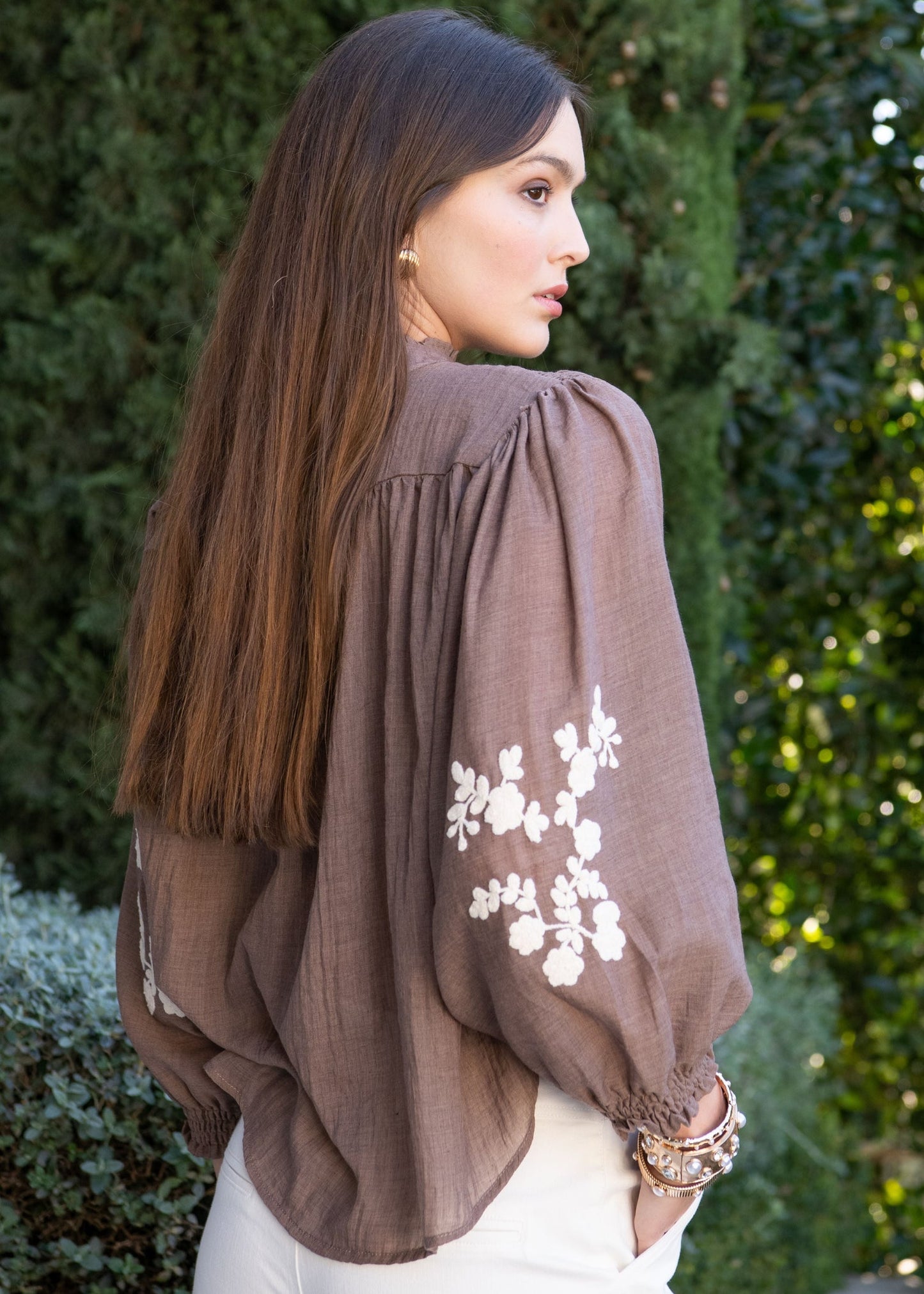 Embroidered Puff-Sleeve Blouse