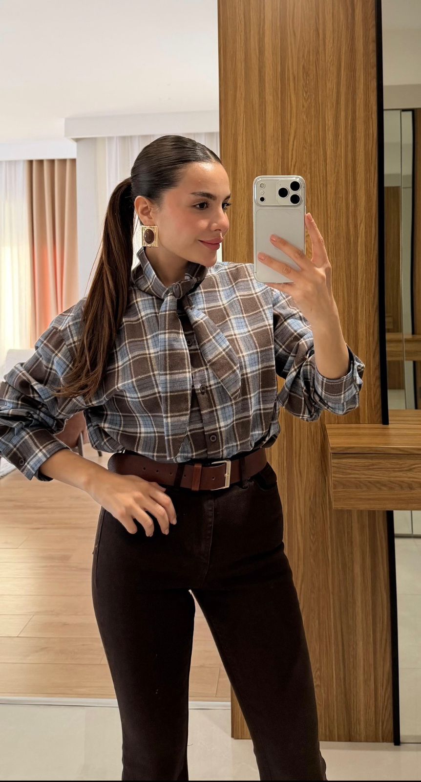 Checked Tie-Neck Shirt