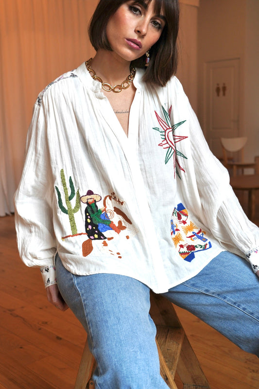 Embroidered White Button-Up Blouse