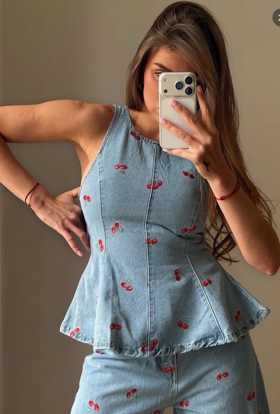 Cherry Embroidered Denim