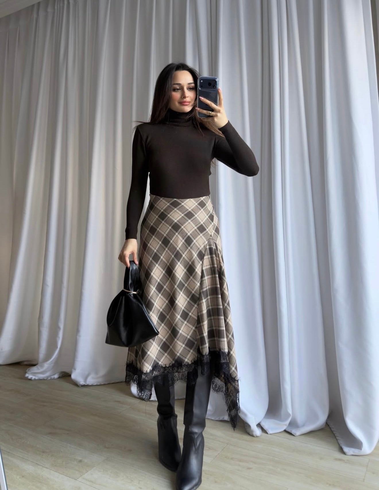 Plaid Lace-Hem Skirt