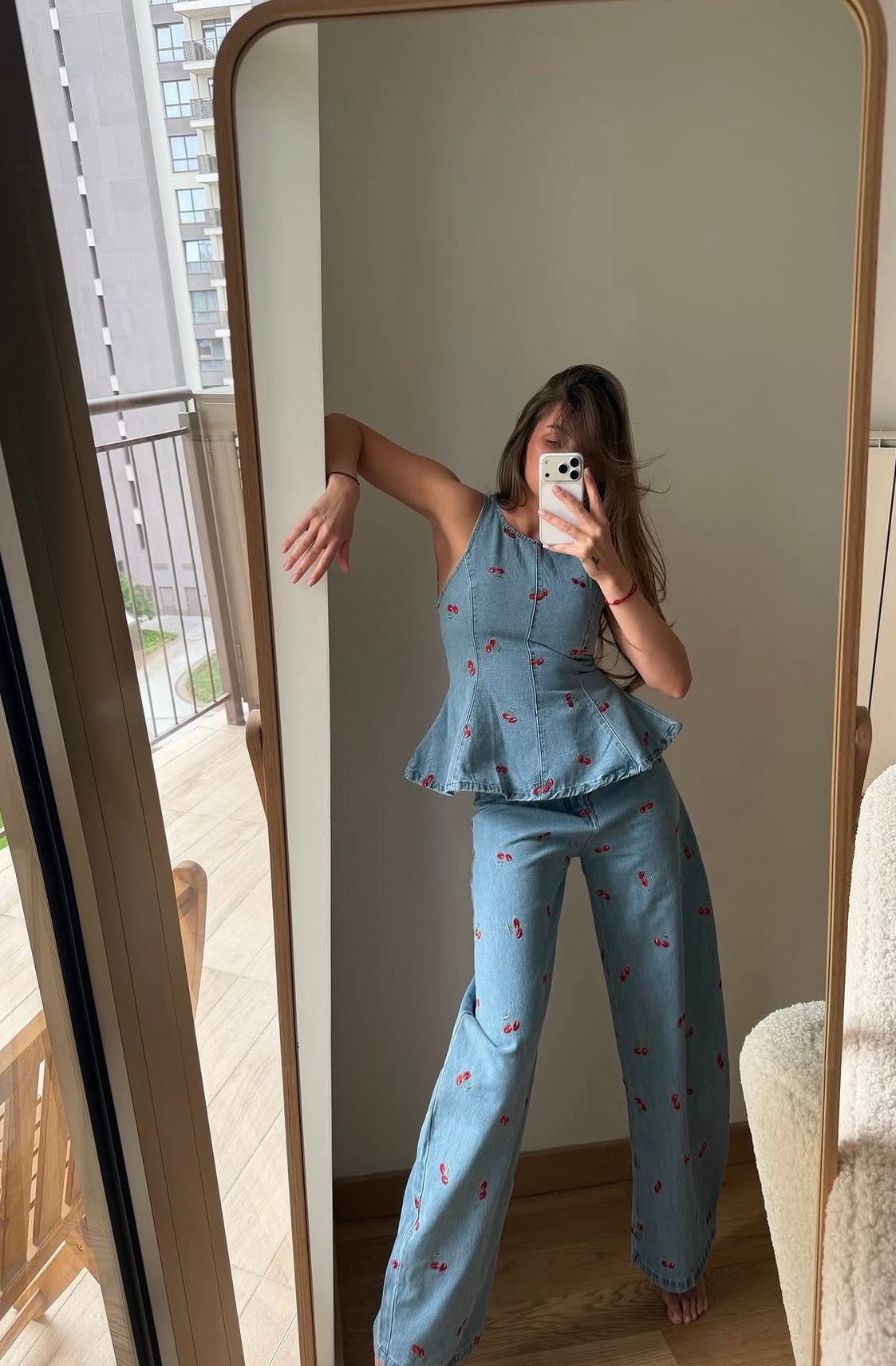 Cherry Embroidered Denim
