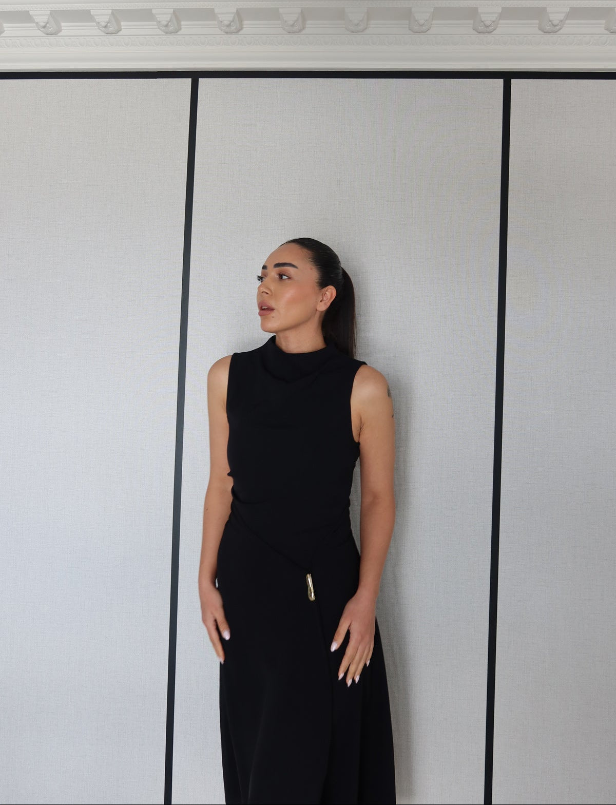 High-Neck Slit Midi Dress