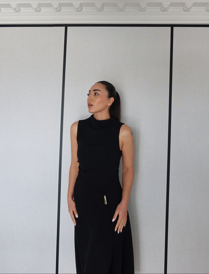 High-Neck Slit Midi Dress