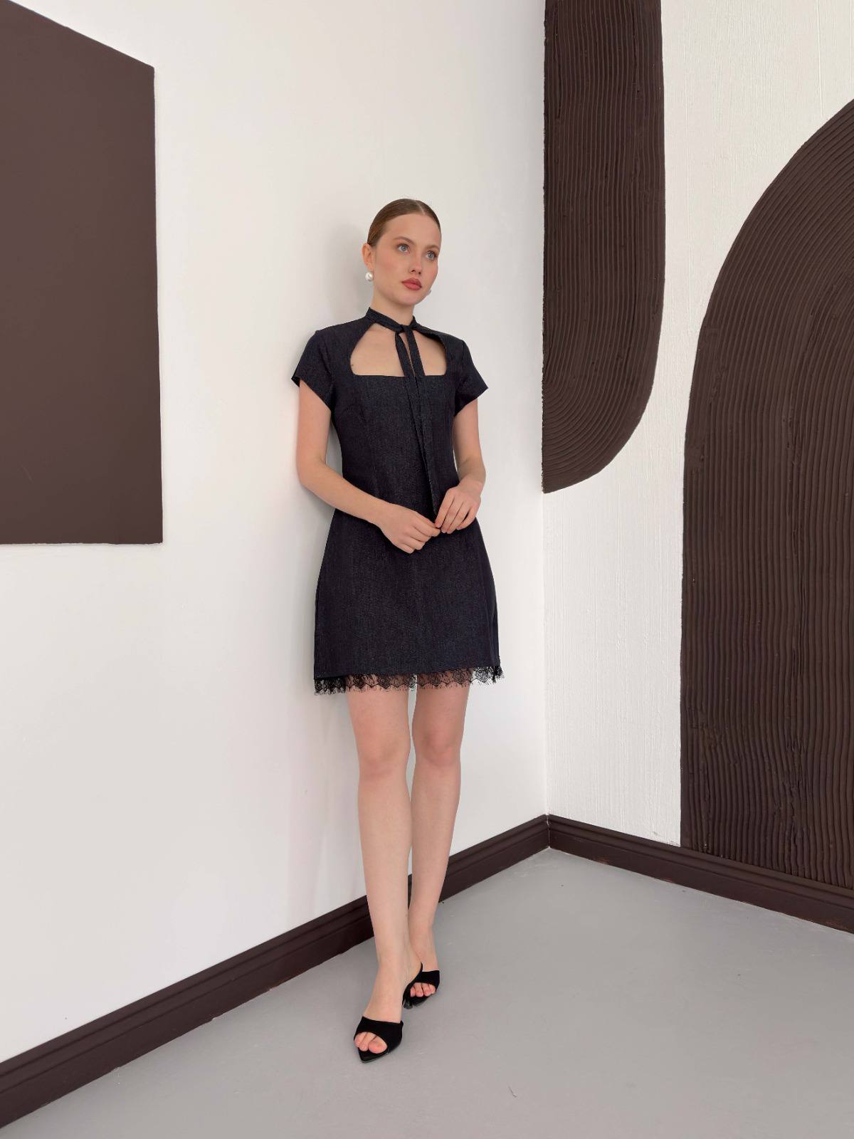 Lace-Trim Denim Dress