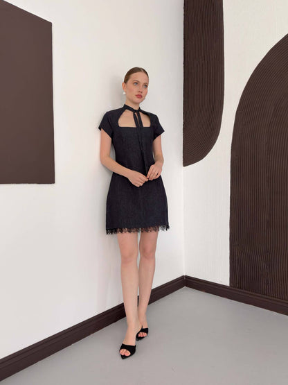 Lace-Trim Denim Dress