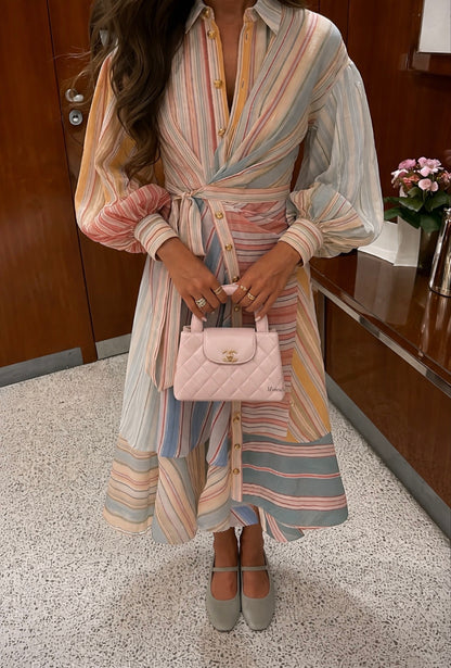 Striped Lantern-Sleeve Maxi