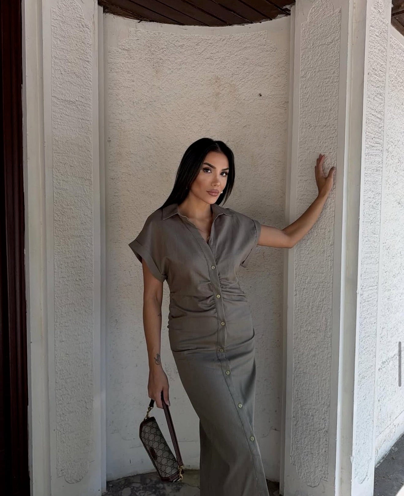 Khaki Button-Down Midi