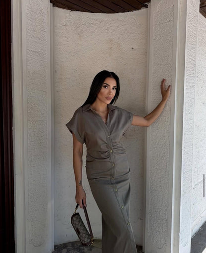 Khaki Button-Down Midi
