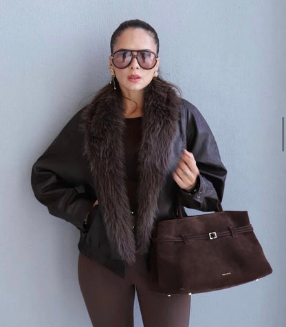 Fur-Trim Leather Bomber