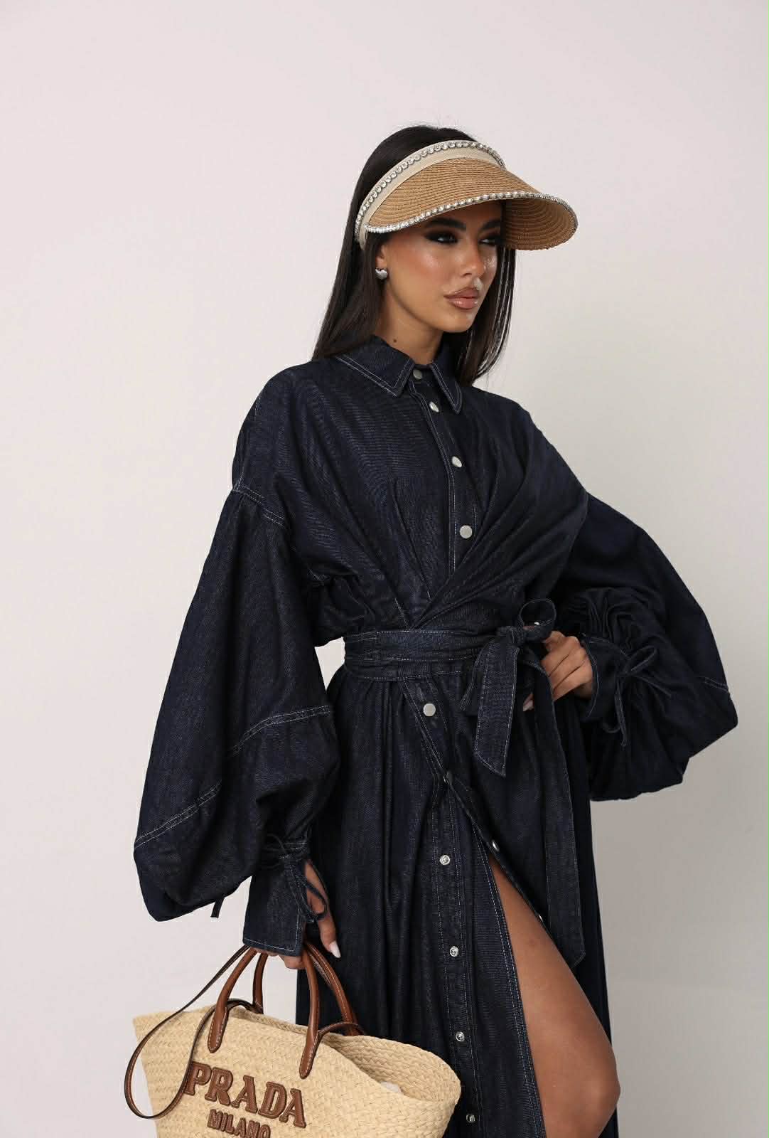 Denim Lantern-Sleeve Maxi