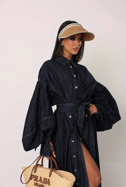 Denim Lantern-Sleeve Maxi