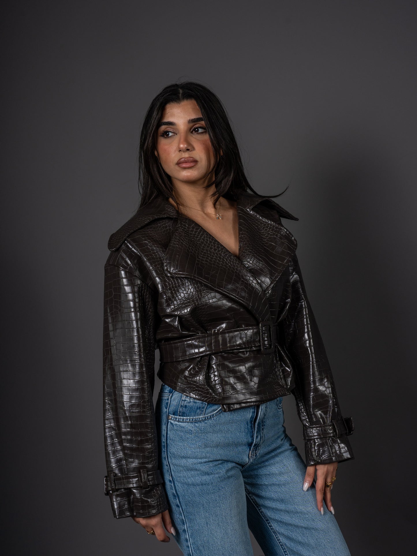 Belted Faux-Croc Jacket