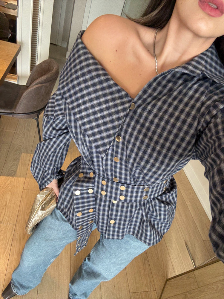 Off-Shoulder Plaid Blouse