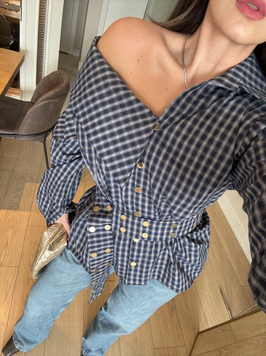 Off-Shoulder Plaid Blouse