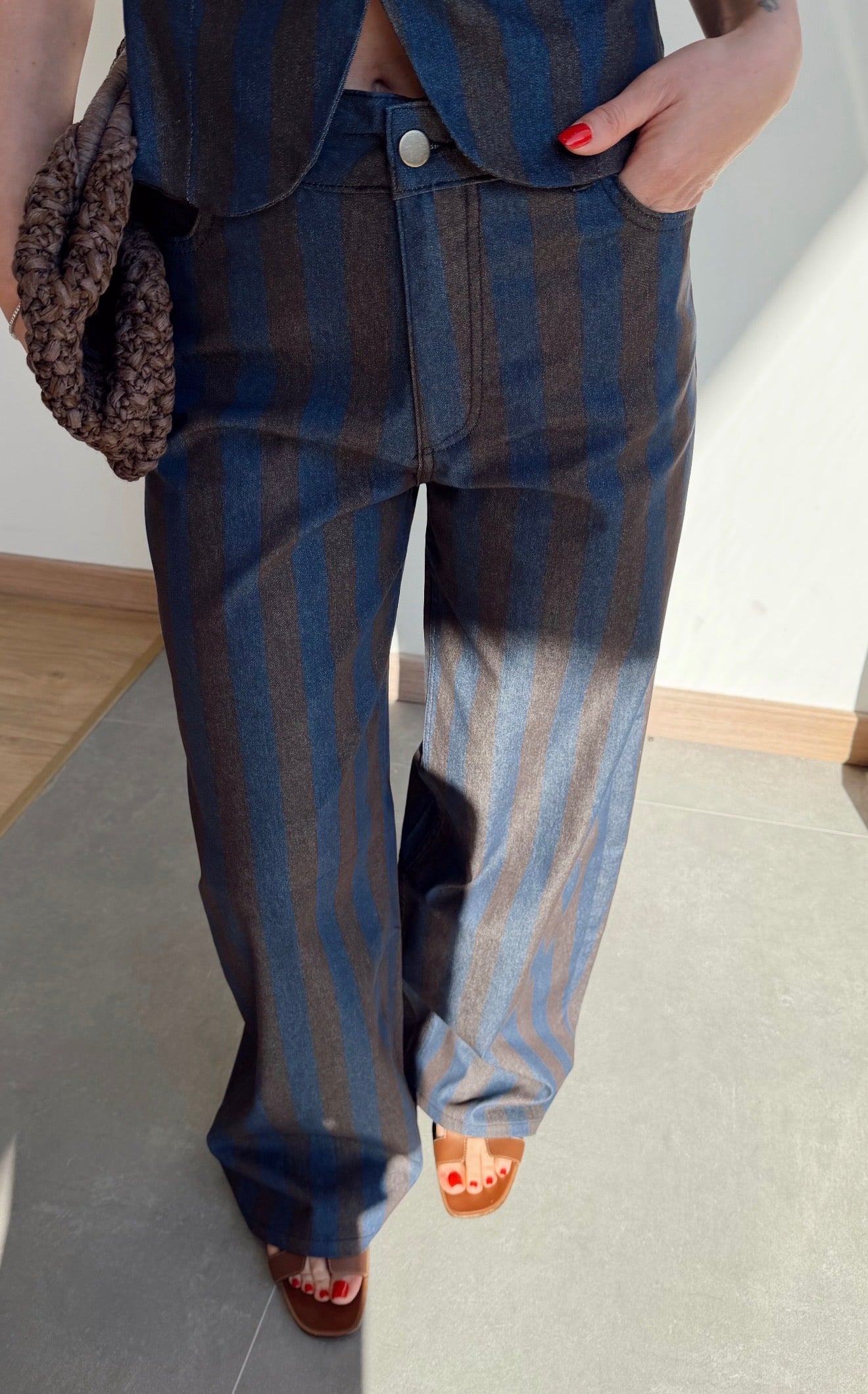 Two-Tone Striped Denim Pants