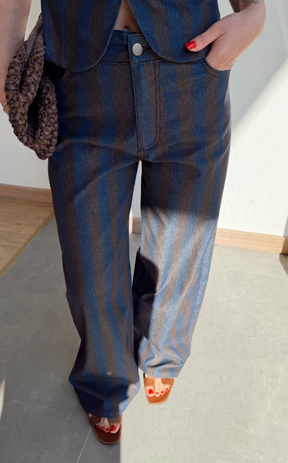 Two-Tone Striped Denim Pants