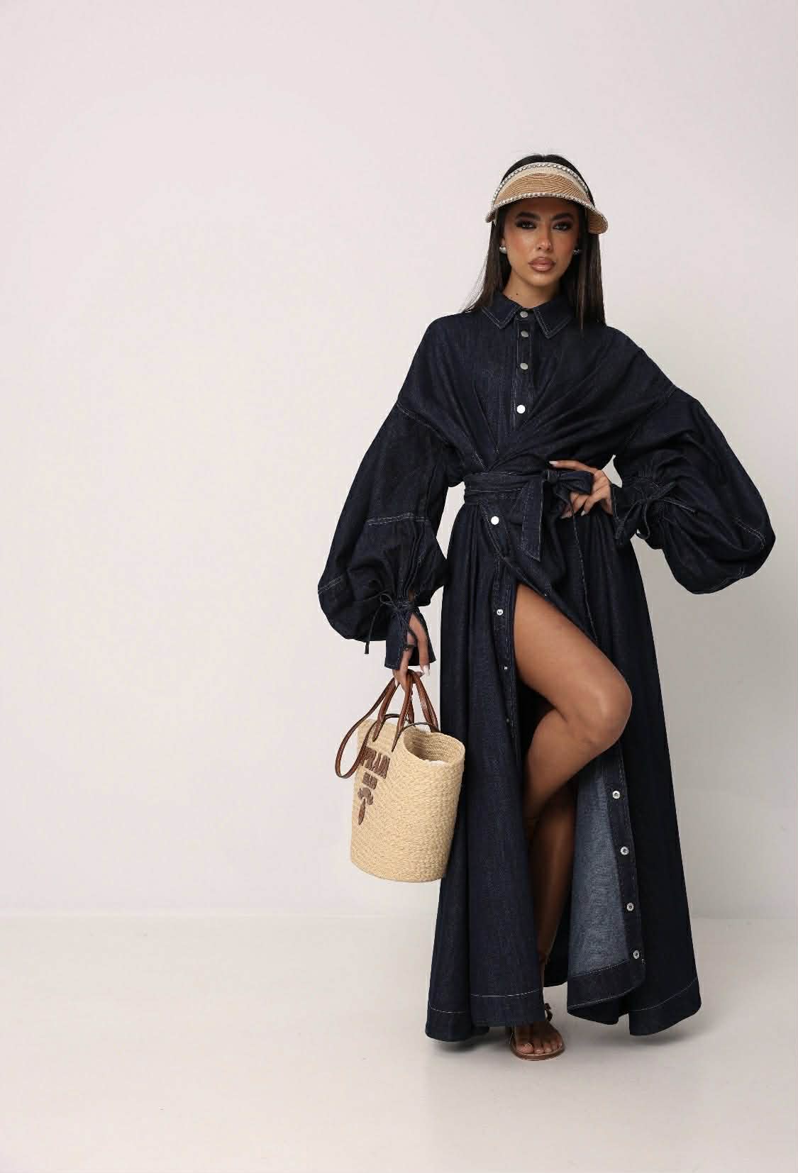 Denim Lantern-Sleeve Maxi
