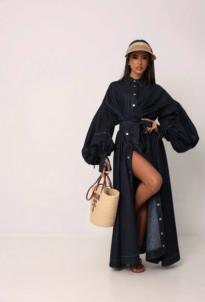 Denim Lantern-Sleeve Maxi
