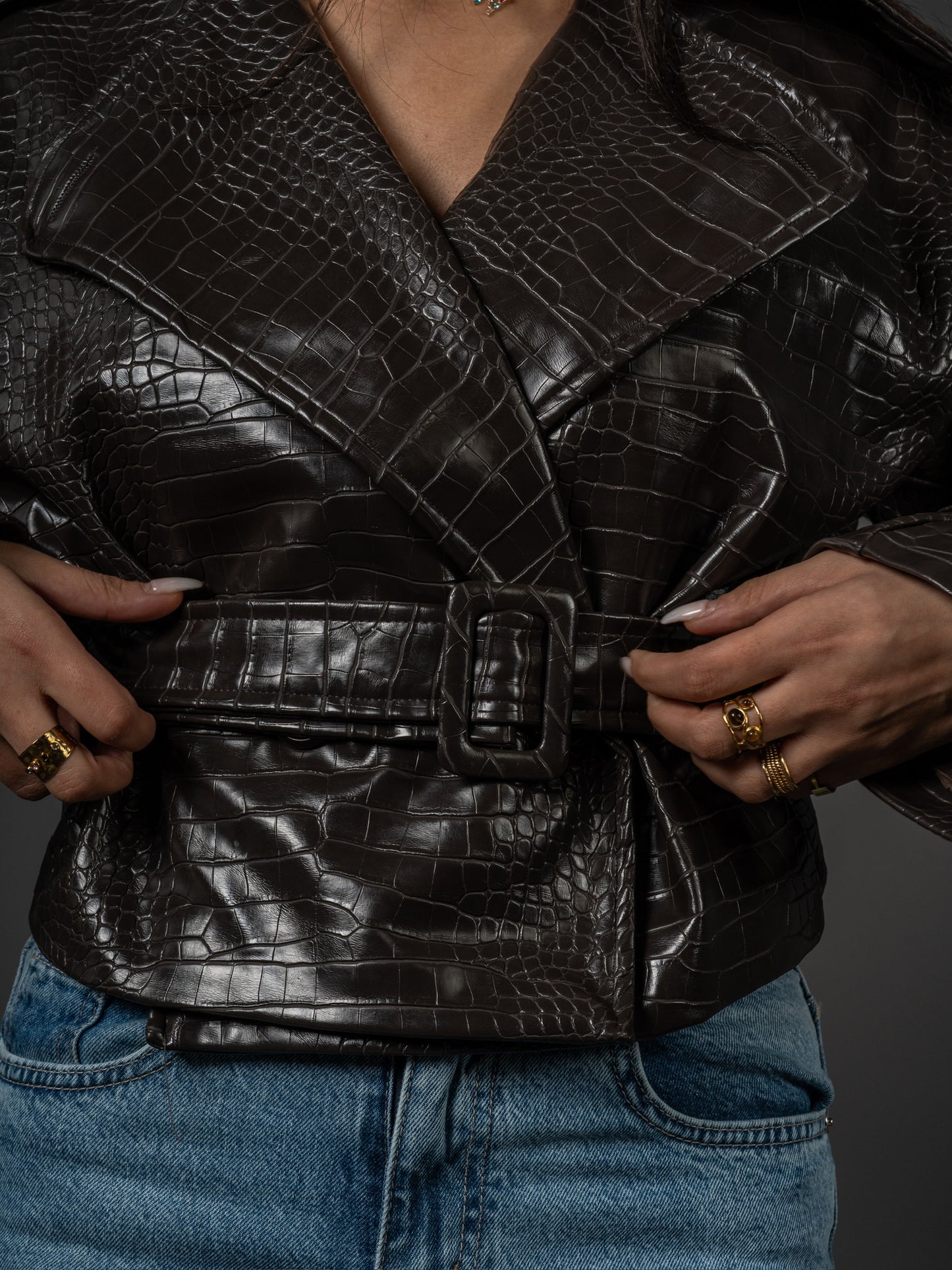 Belted Faux-Croc Jacket