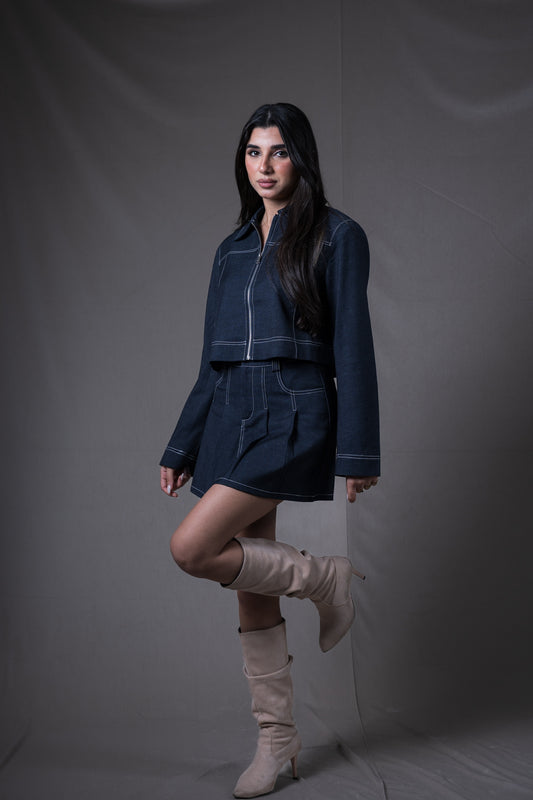 Contrast-Stitch Pleated Skirt