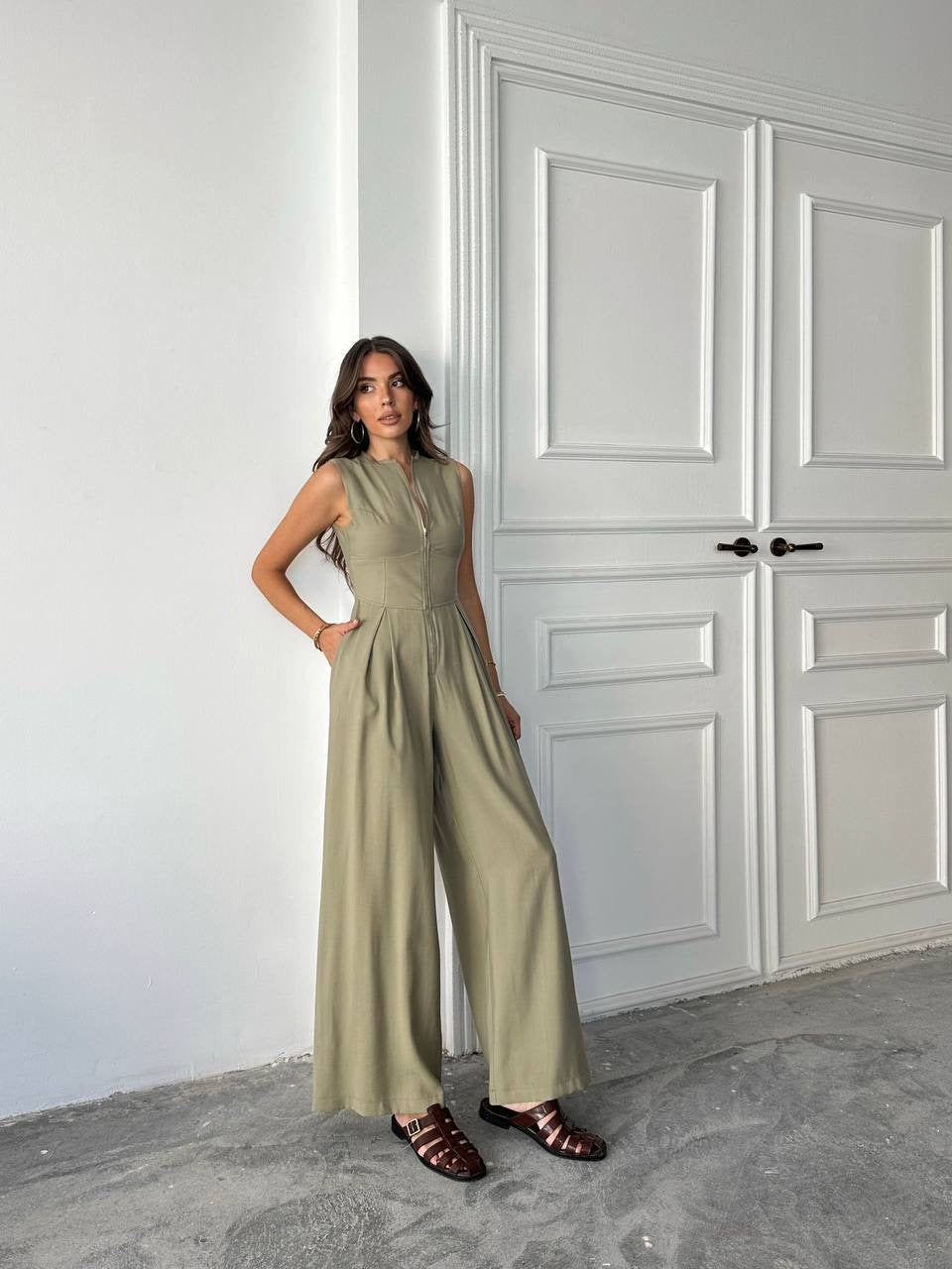 Sleeveless Wide-Leg Zip Jumpsuit