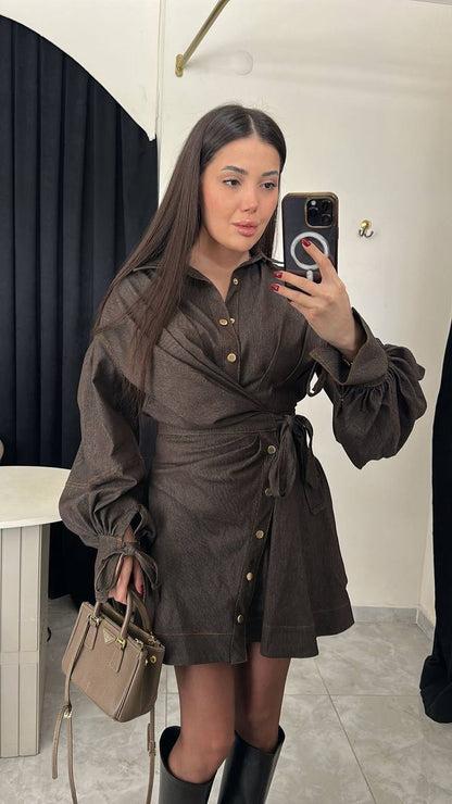 Brown Lantern-Sleeve Dress