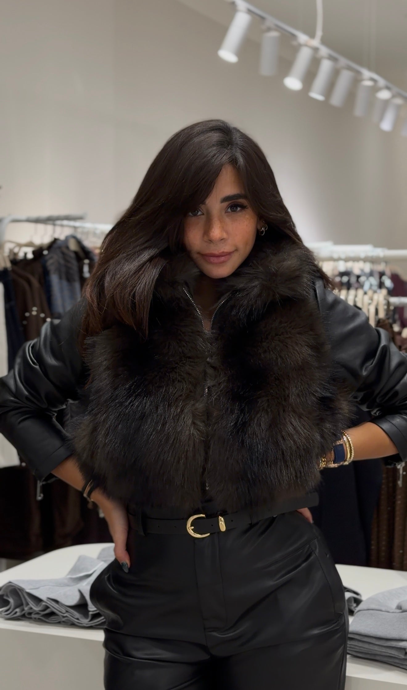 Cropped Fur-Trim Leather Jacket