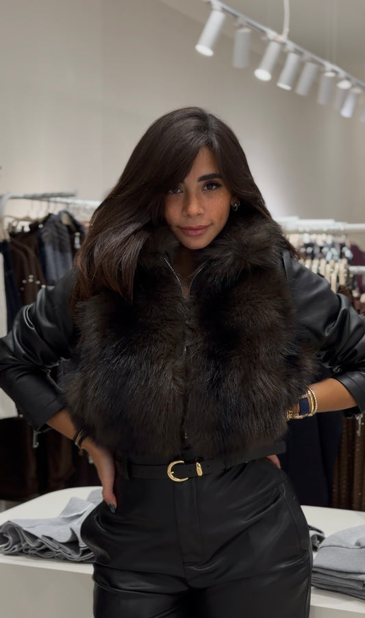 Cropped Fur-Trim Leather Jacket