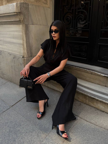 Black Mandarin Collar Jumpsuit