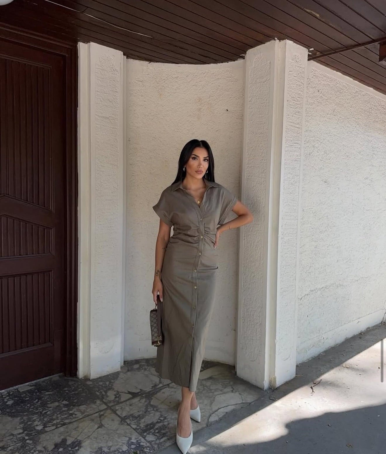 Khaki Button-Down Midi