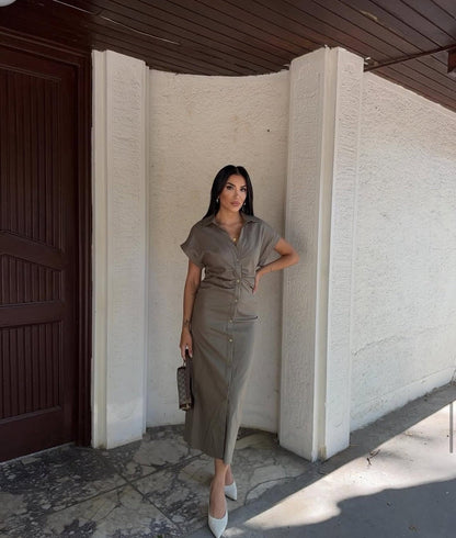 Khaki Button-Down Midi