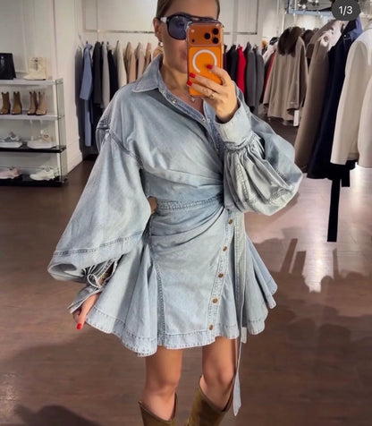 Denim Lantern-Sleeve Mini