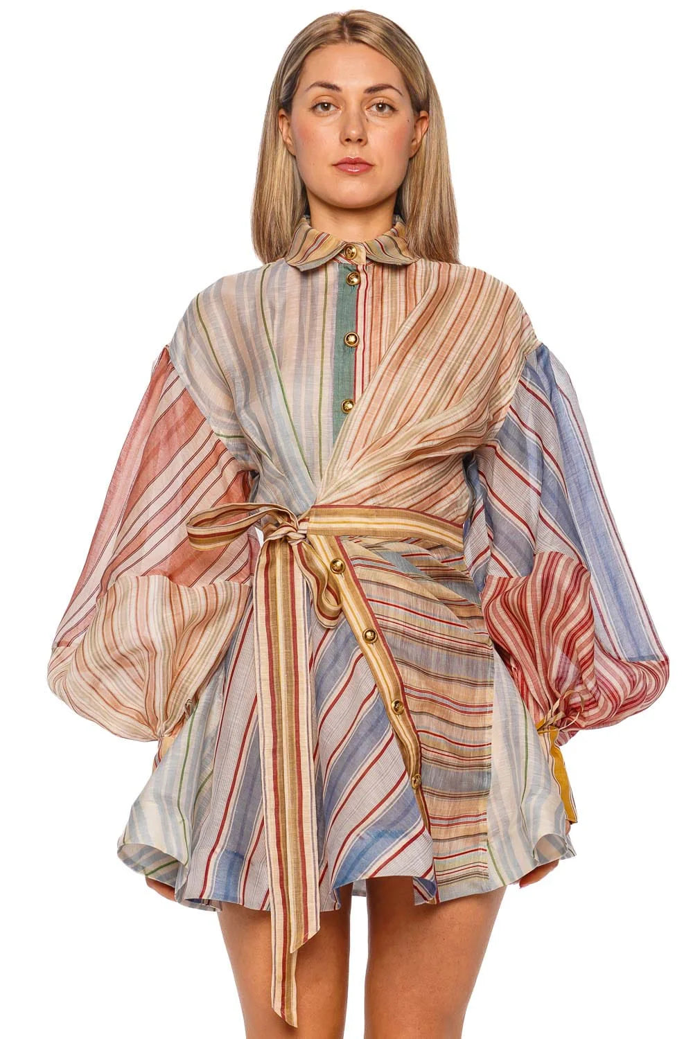 Striped Lantern-Sleeve Mini