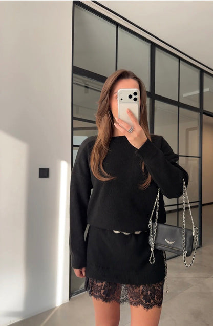 Lace-Hem Sweater Dress