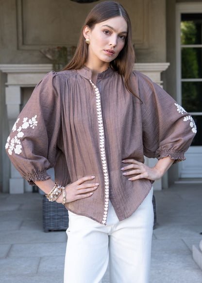 Embroidered Puff-Sleeve Blouse