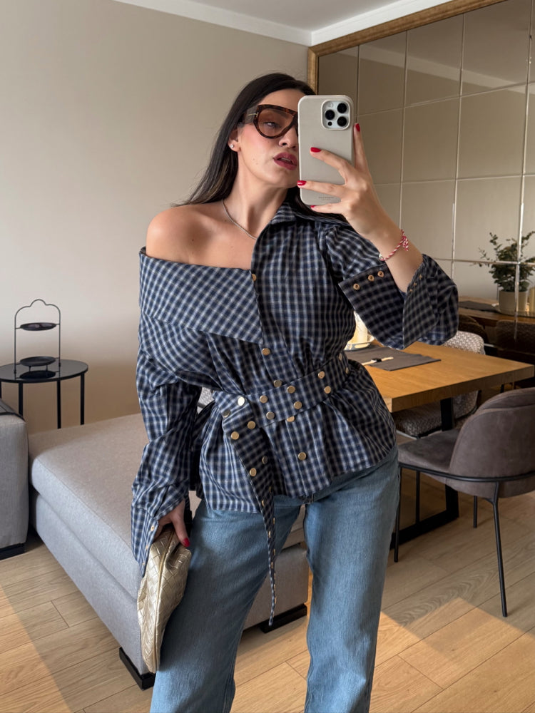 Off-Shoulder Plaid Blouse