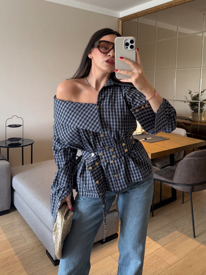 Off-Shoulder Plaid Blouse