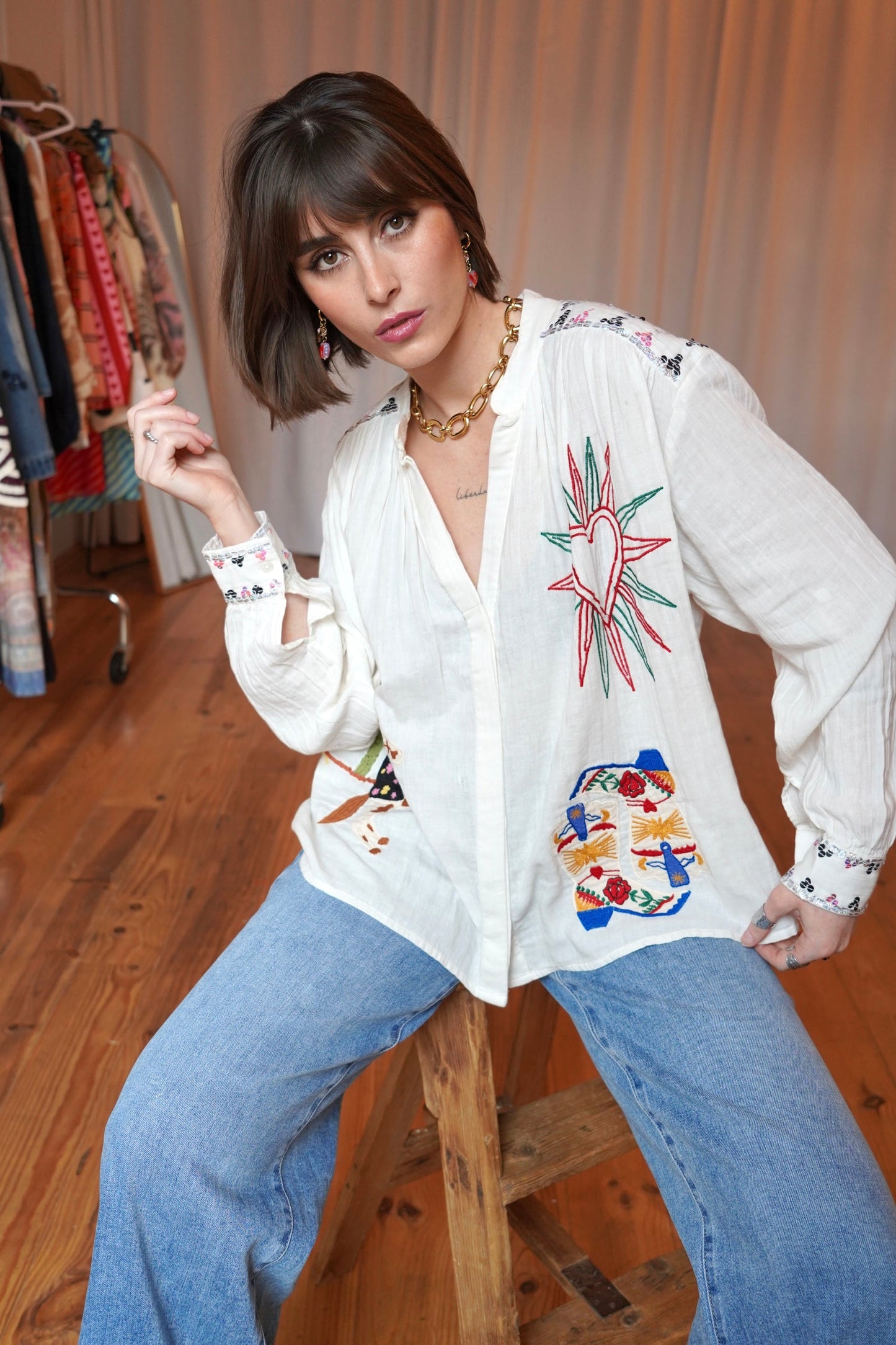 Embroidered White Button-Up Blouse