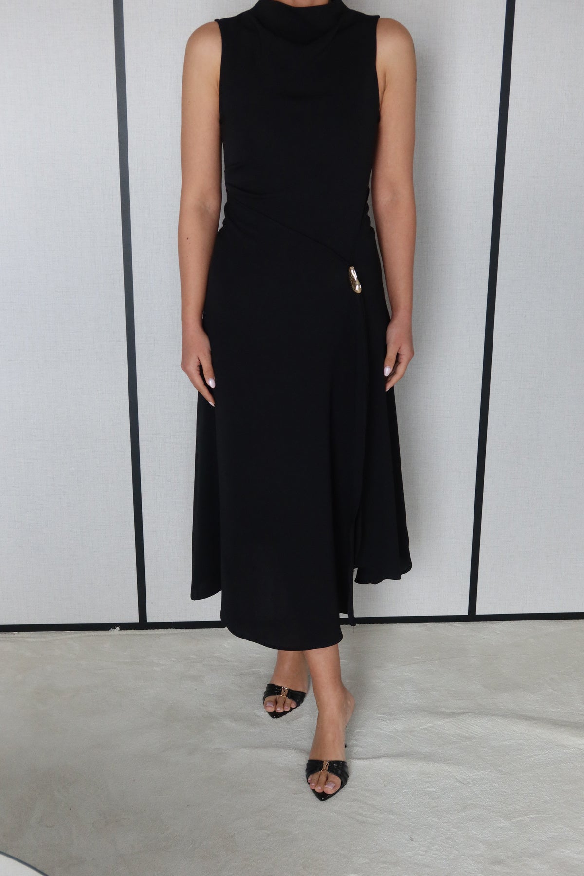 High-Neck Slit Midi Dress