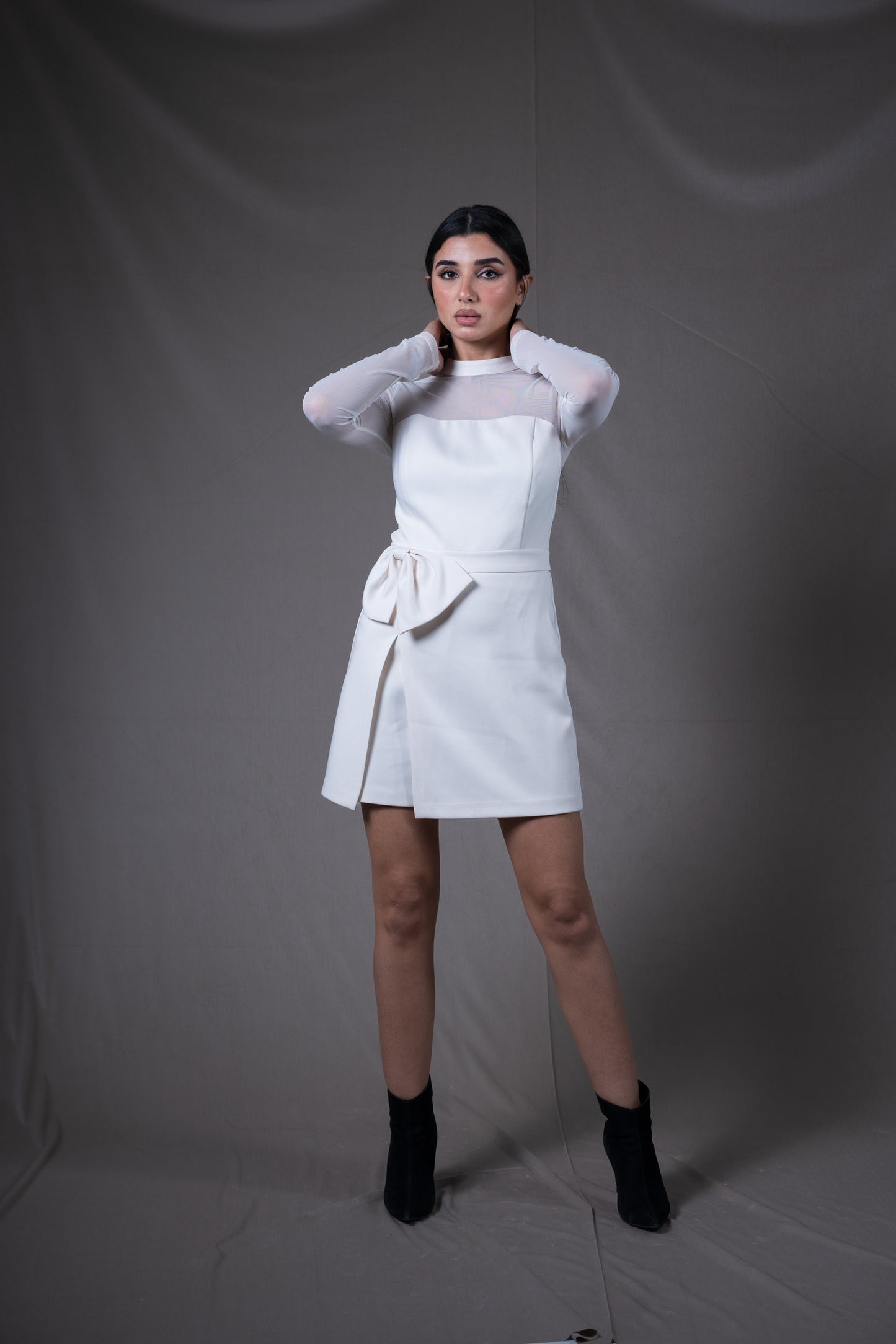 Sheer Sleeve Bow Dress