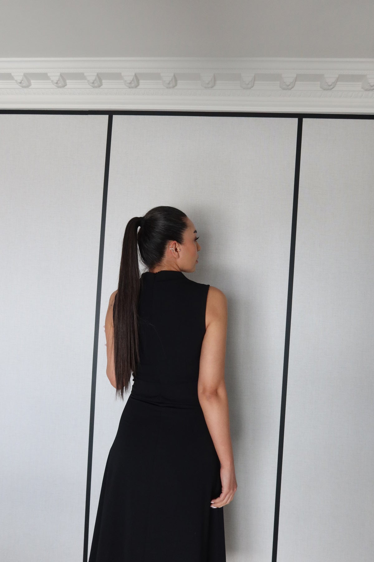 High-Neck Slit Midi Dress