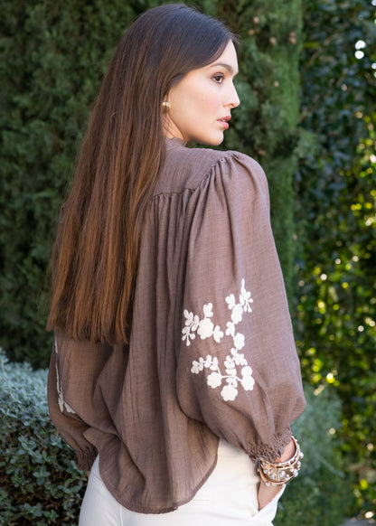 Embroidered Puff-Sleeve Blouse