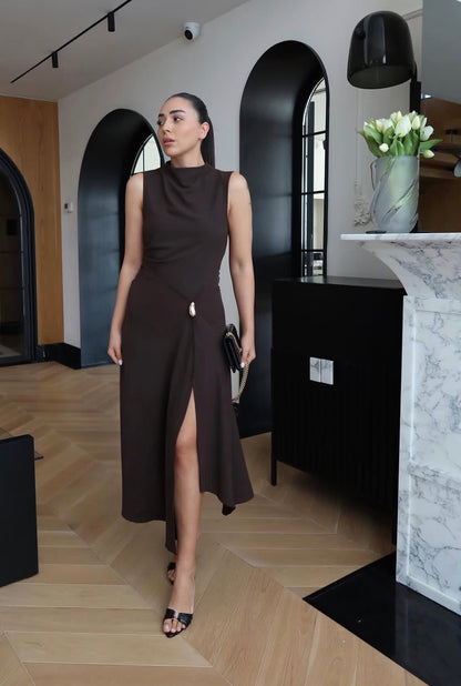 High-Neck Slit Midi Dress