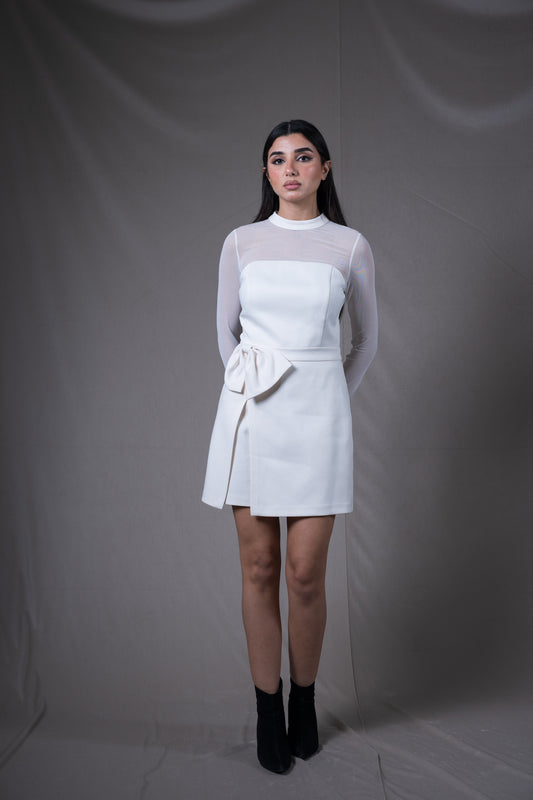 Sheer Sleeve Bow Dress