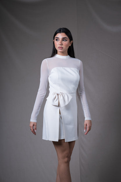 Sheer Sleeve Bow Dress