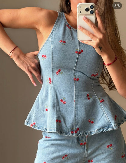 Cherry Embroidered Denim