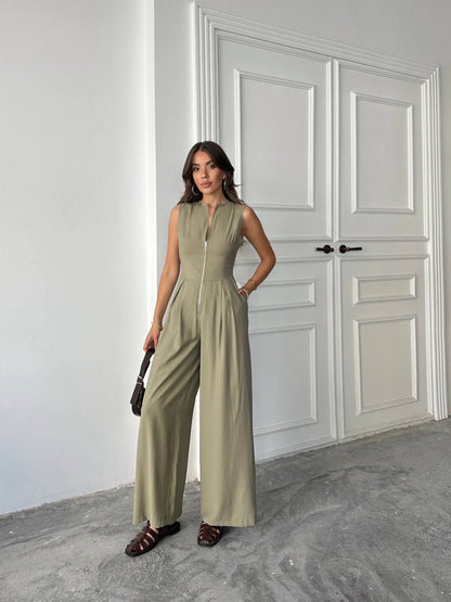 Sleeveless Wide-Leg Zip Jumpsuit
