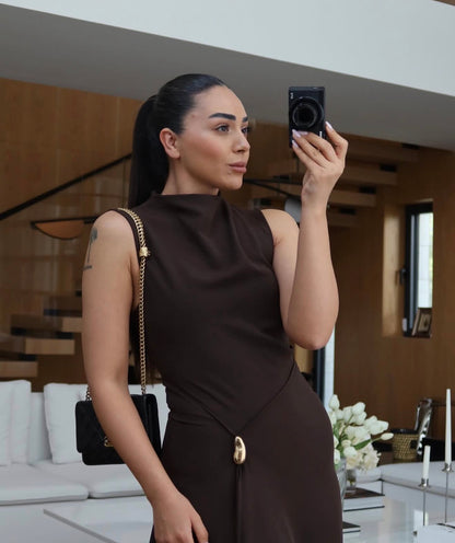 High-Neck Slit Midi Dress